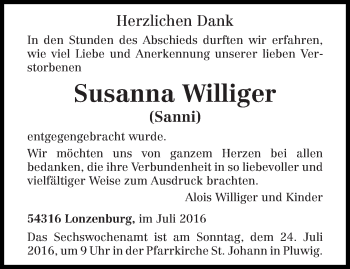 Todesanzeige von Susanna Williger von trierischer_volksfreund