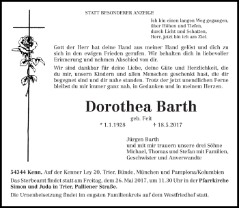 Todesanzeige von Dorothea Barth von trierischer_volksfreund