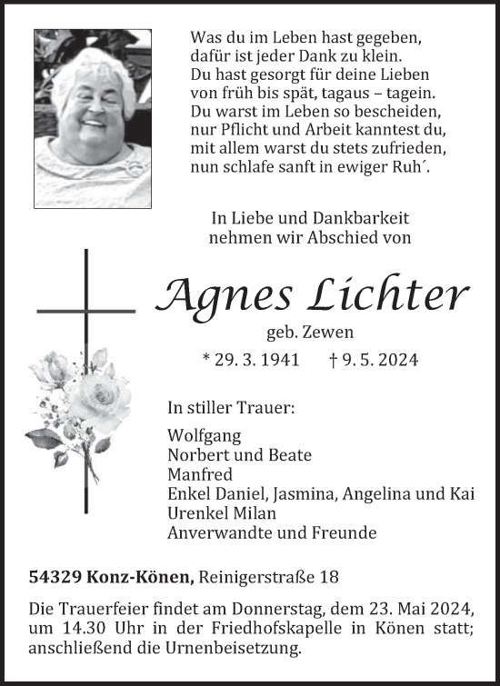 Todesanzeige von Agnes Lichter von trierischer_volksfreund