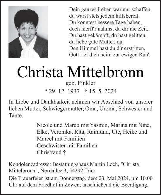 Todesanzeige von Christa Mittelbronn von trierischer_volksfreund