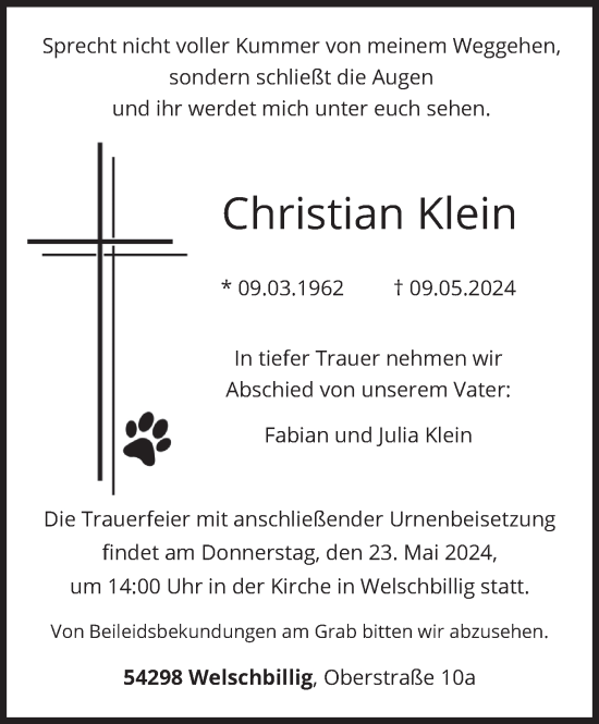 Todesanzeige von Christian Klein von trierischer_volksfreund