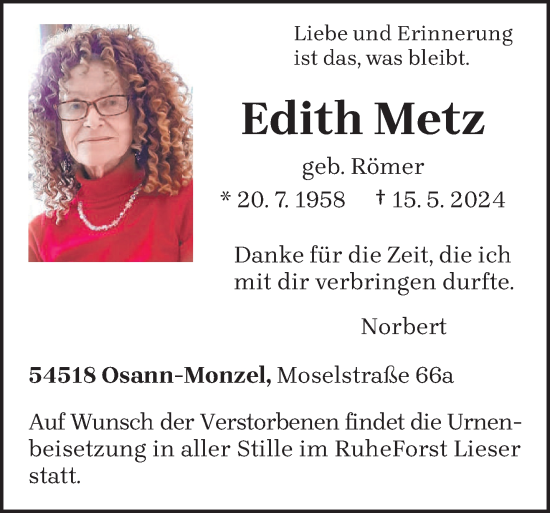 Todesanzeige von Edith Metz von trierischer_volksfreund