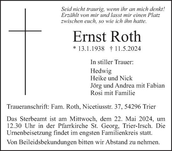 Todesanzeige von Ernst Roth von trierischer_volksfreund