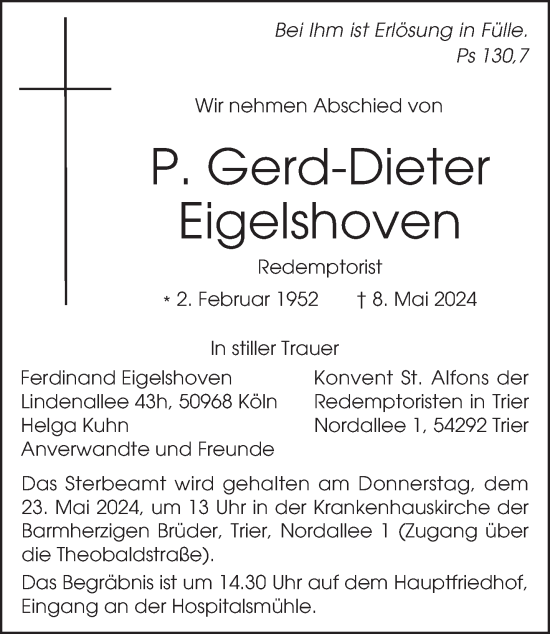 Todesanzeige von Gerd-Dieter Eigelshoven von trierischer_volksfreund