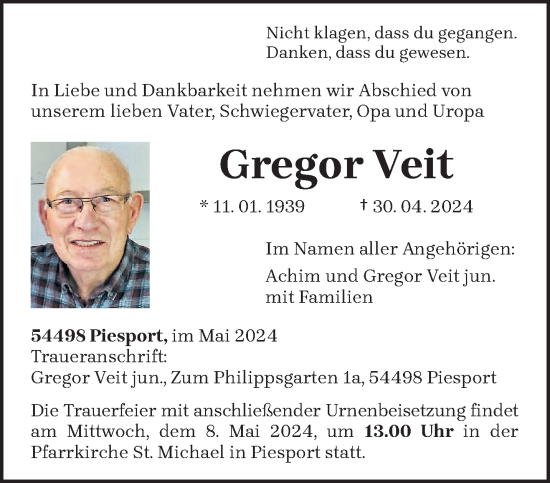 Todesanzeige von Gregor Veit von trierischer_volksfreund