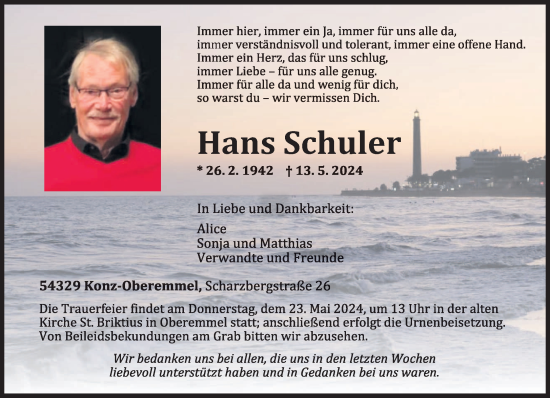 Todesanzeige von Hans Schuler von trierischer_volksfreund