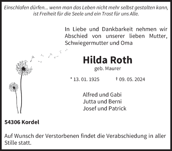 Todesanzeige von Hilda Roth von trierischer_volksfreund
