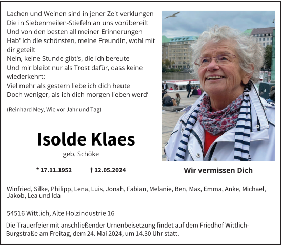 Todesanzeige von Isolde Klaes von trierischer_volksfreund