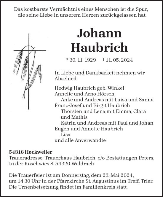 Todesanzeige von Johann Haubrich von trierischer_volksfreund