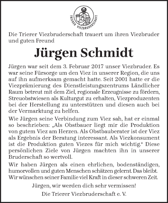 Todesanzeige von Jürgen Schmidt von trierischer_volksfreund