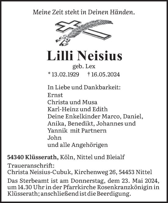 Todesanzeige von Lilli Neisius von trierischer_volksfreund