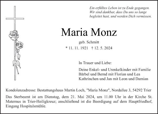 Todesanzeige von Maria Monz von trierischer_volksfreund