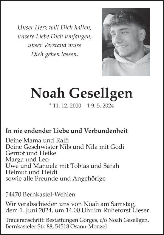 Todesanzeige von Noah Gesellgen von trierischer_volksfreund