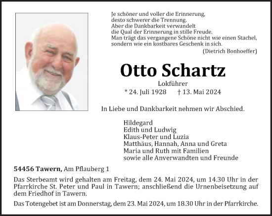 Todesanzeige von Otto Schartz von trierischer_volksfreund