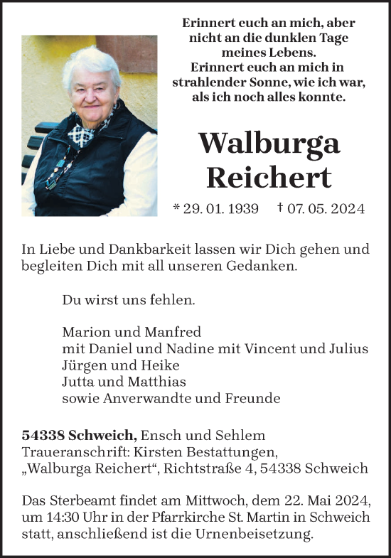 Todesanzeige von Walburga Reichert von trierischer_volksfreund