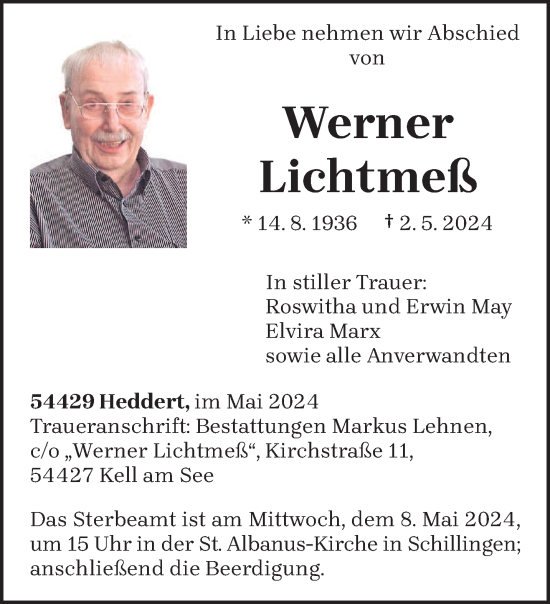 Todesanzeige von Werner Lichtmeß von trierischer_volksfreund