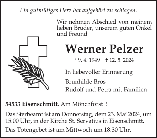 Todesanzeige von Werner Pelzer von trierischer_volksfreund