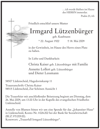 Todesanzeige von Irmgard Lützenbürger von WESTFÄLISCHER ANZEIGER