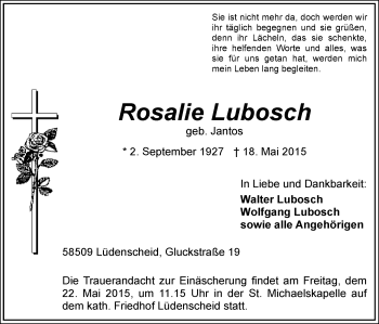 Todesanzeige von Rosalie Lubosch von MZV