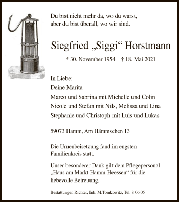 Todesanzeige von Siegfried  Horstmann von WA