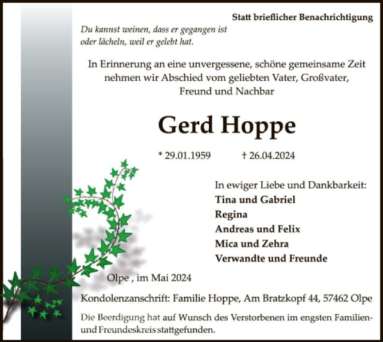 Todesanzeige von Gerd Hoppe von WA