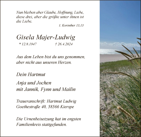 Todesanzeige von Gisela Majer-Ludwig von WA