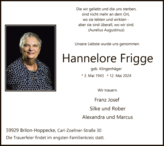 Todesanzeige von Hannelore Frigge von WA