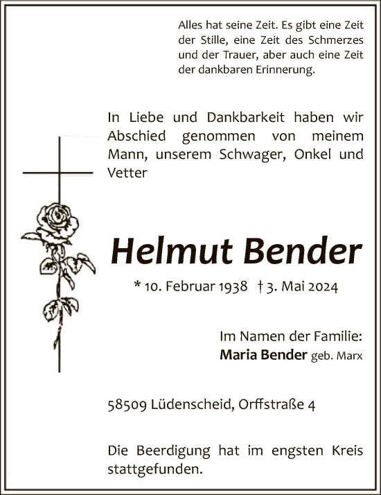 Todesanzeige von Helmut Bender von WA