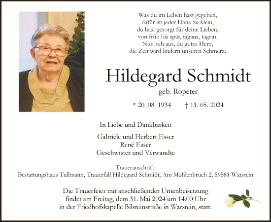 Todesanzeige von Hildegard Schmidt von WA