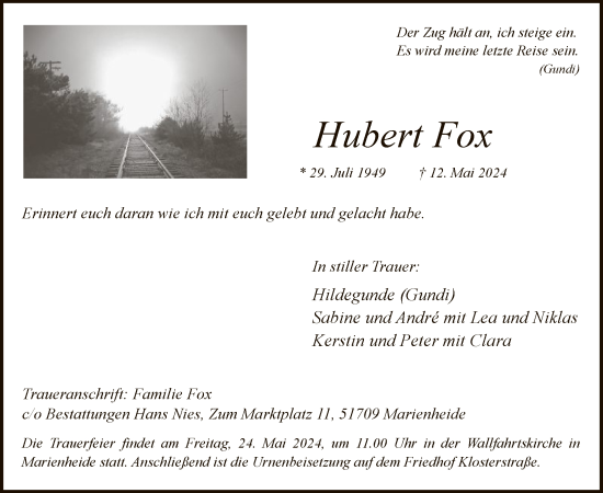 Todesanzeige von Hubert Fox von WA