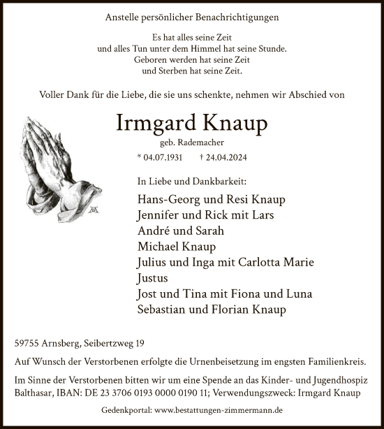 Todesanzeige von Irmgard Knaup von WAWA