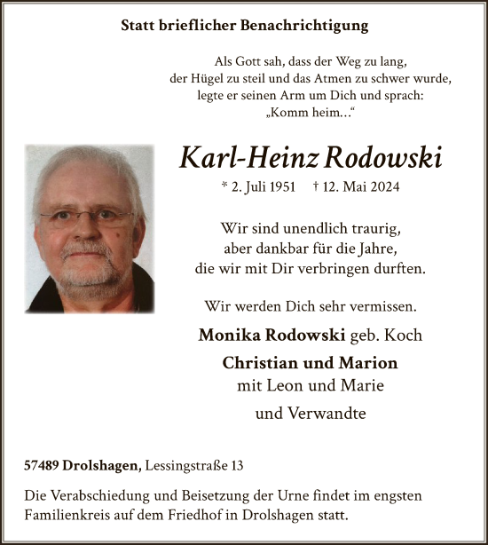 Todesanzeige von Karl-Heinz Rodowski von WA