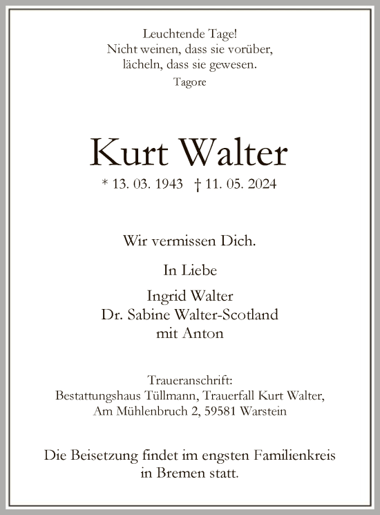 Todesanzeige von Kurt Walter von WA