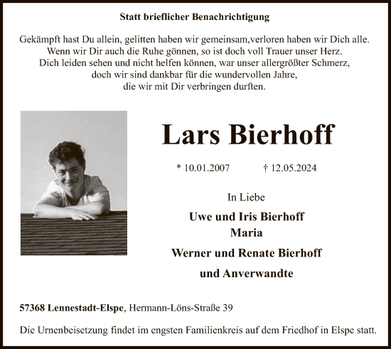 Todesanzeige von Lars Bierhoff von WA