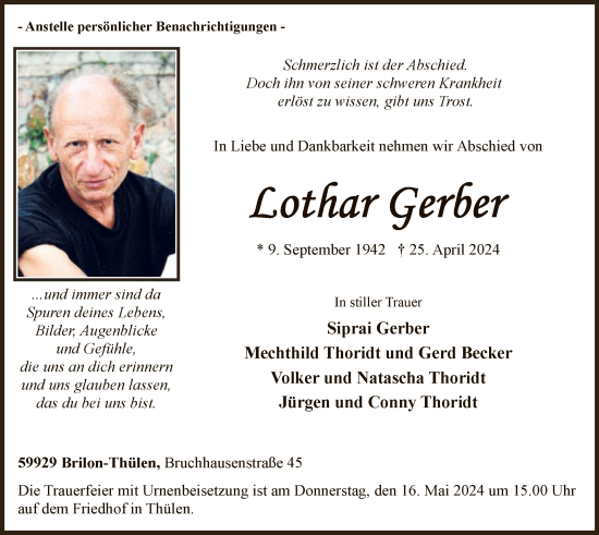 Todesanzeige von Lothar Gerber von WA