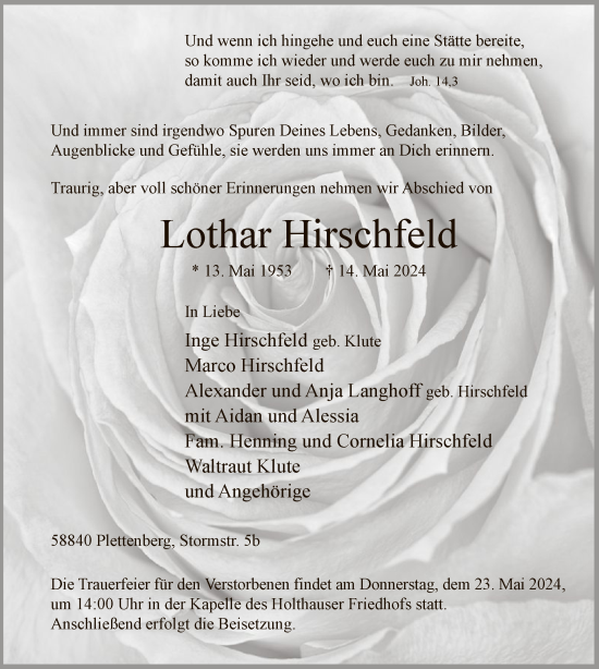Todesanzeige von Lothar Hirschfeld von WA