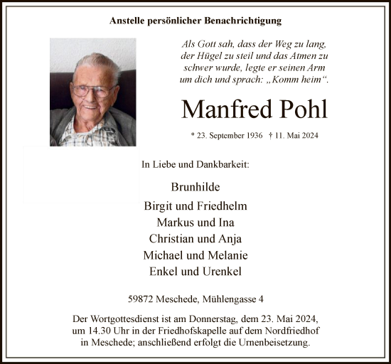 Todesanzeige von Manfred Pohl von WA