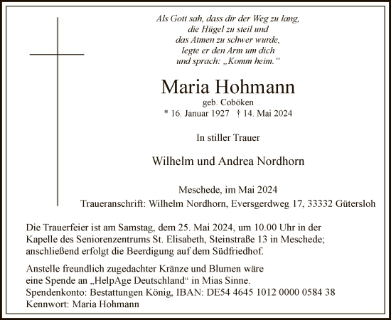 Todesanzeige von Maria Hohmann von WA