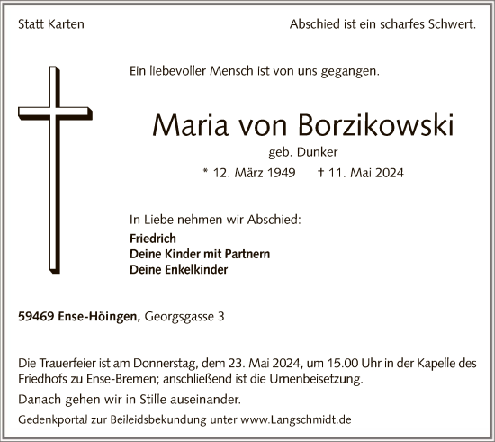 Todesanzeige von Maria von Borzikowski von WA
