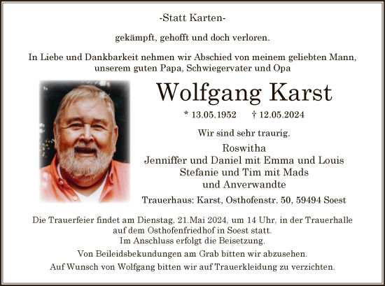 Todesanzeige von Wolfgang Karst von WA