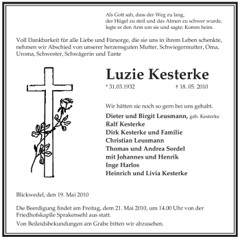 Todesanzeige von Luzie Kesterke von ALLGEMEINE ZEITUNG UELZEN