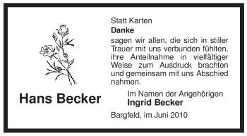 Todesanzeige von Hans Becker von ALLGEMEINE ZEITUNG UELZEN