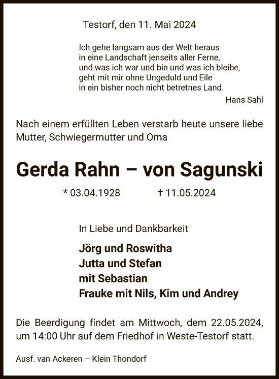 Todesanzeige von Gerda  Rahn-von Sagunski von UEL