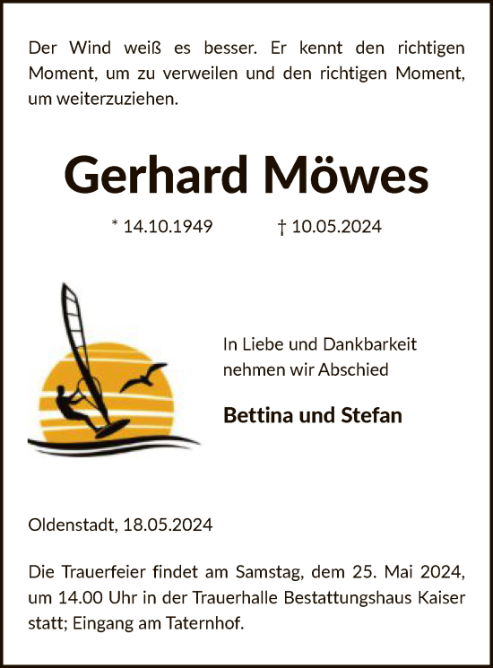 Todesanzeige von Gerhard Möwes von UEL