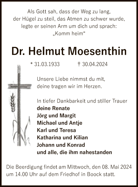 Todesanzeige von Helmut Moesenthin von UEL
