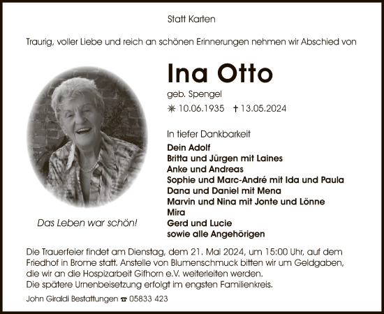 Todesanzeige von Ina Otto von UEL