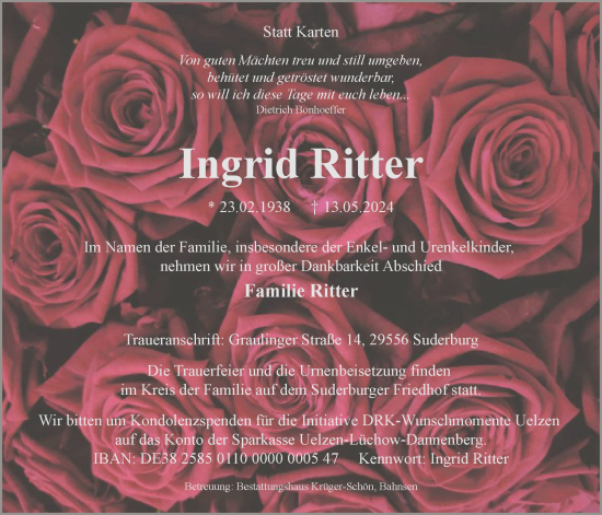 Todesanzeige von Ingrid Ritter von UEL