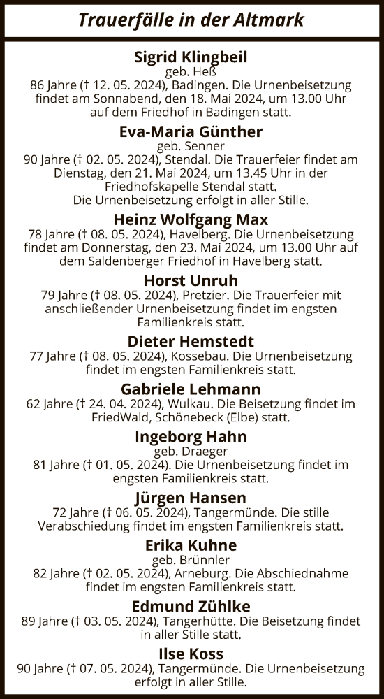 Todesanzeige von Trauerfälle  in der Altmark von UEL