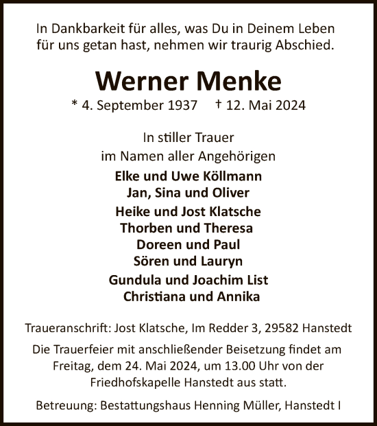Todesanzeige von Werner Menke von UEL