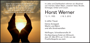 Todesanzeige von Horst Werner von HNA